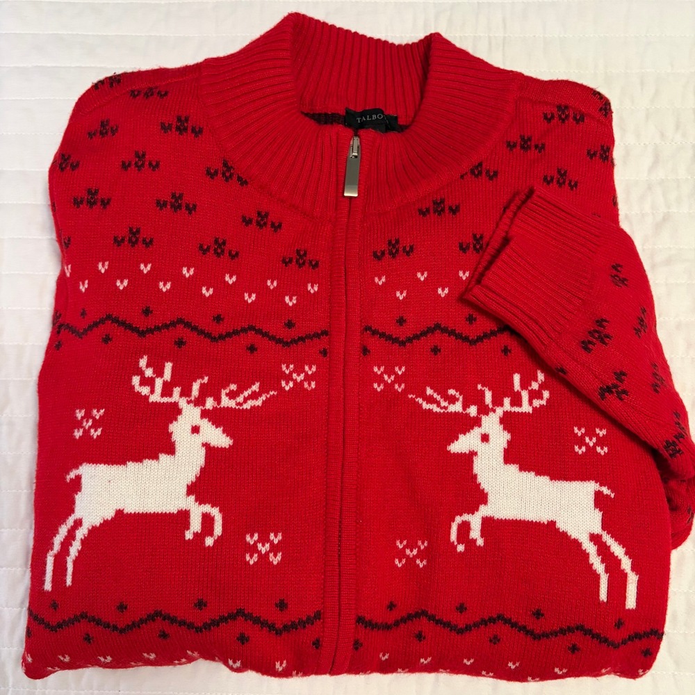 Talbots Nordic Deer Red Fair Isle Zip Front Cardigan Womens Medium